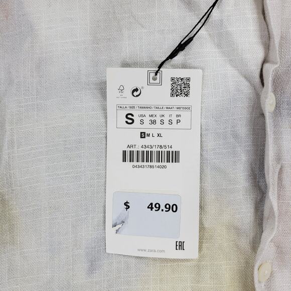 Zara Tie Dye Shirt Mens Small Linen Blend Button Viscose Summer Watercolor New - Picture 5 of 14